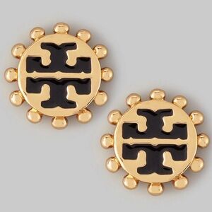 New Tory Burch Winslow Enamel Logo Stud Earrings; Gold/Black on TB Earring Card